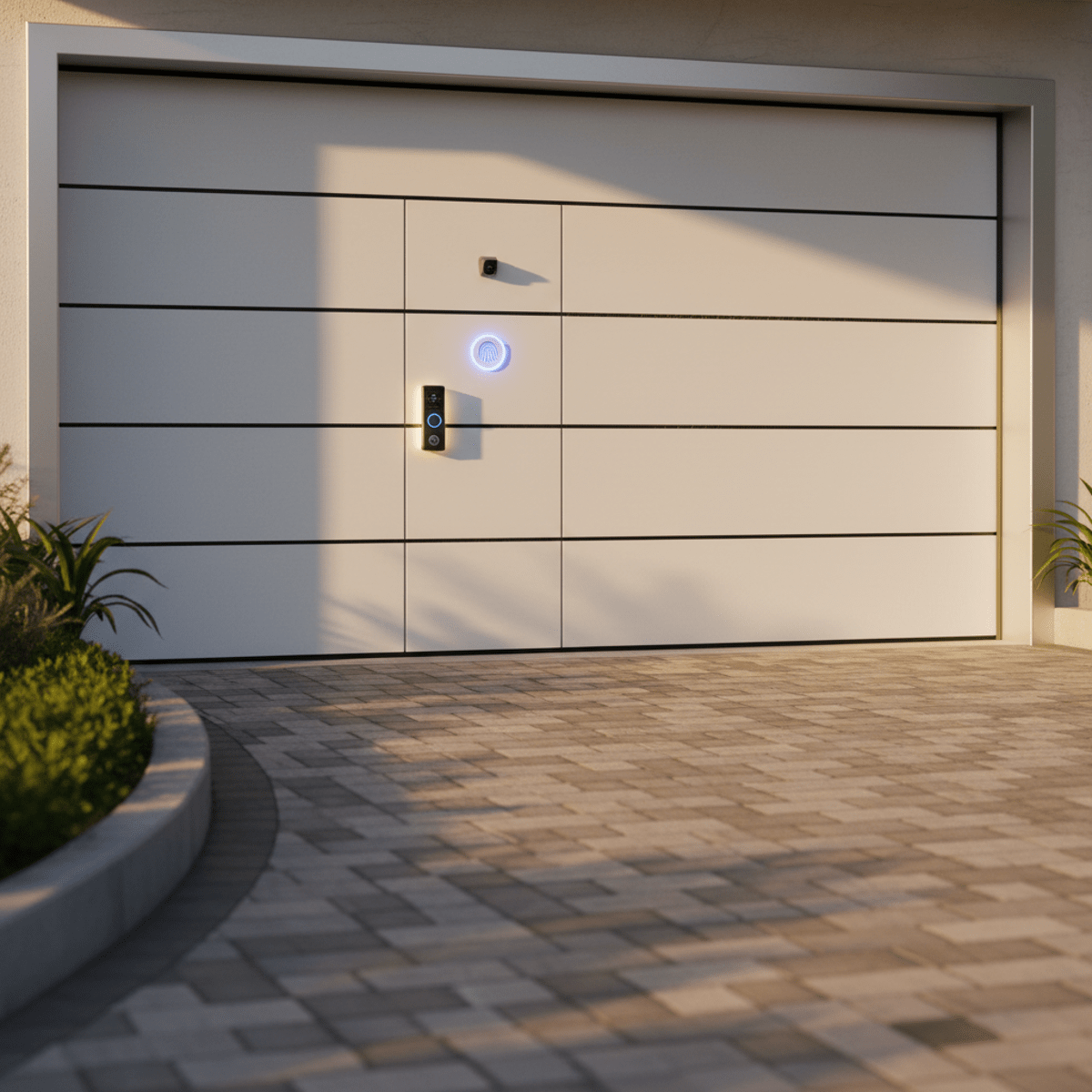 Contemporary garage door with integrated pedestrian access and smart lock system.