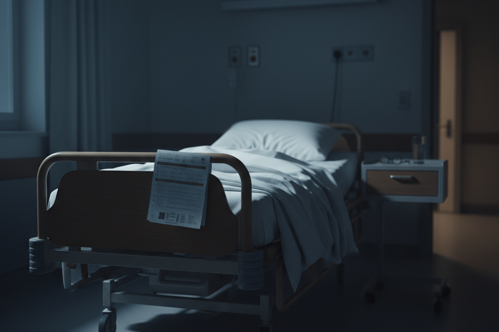 Dimly lit hospital bed with personal items hinting at recent heartfelt moments, evoking authenticity in storytelling