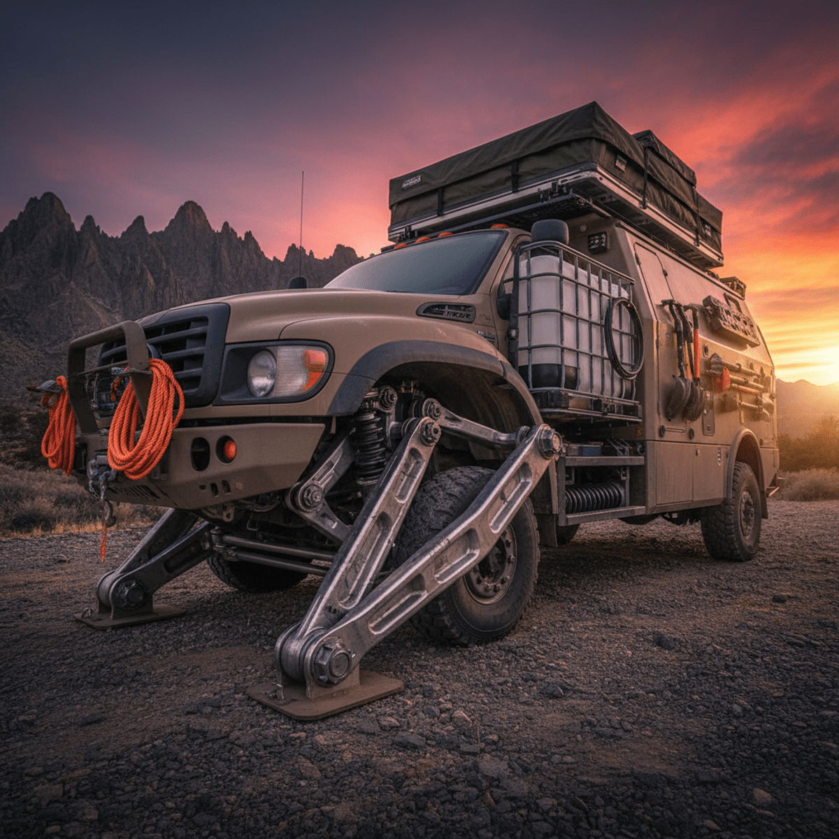 Expedition truck suspension on rocky terrain with mountain sunset backdrop.