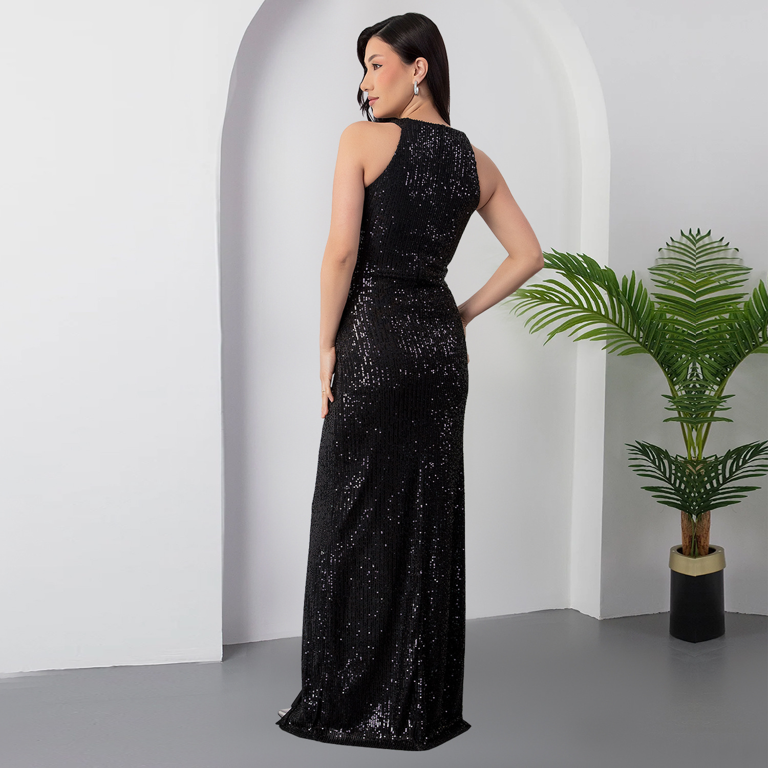 C7356 Elegant Satin Split Dress for Women Cross-border AliExpress for Amazon European American Fashion Formal Style with Sequins