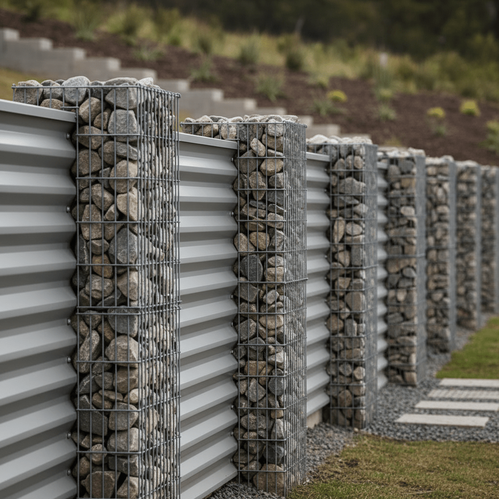 Corrugated metal fence panels pair with gabion walls filled with river stones.