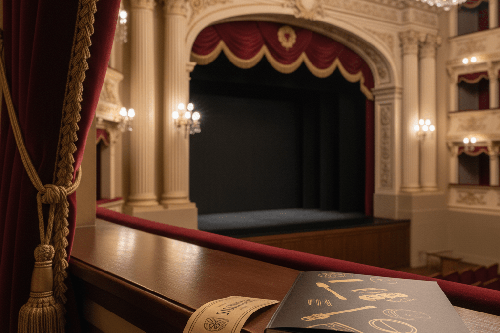 Golden ticket, velvet curtain, and catalog on opera stage railing under warm light showing industry value