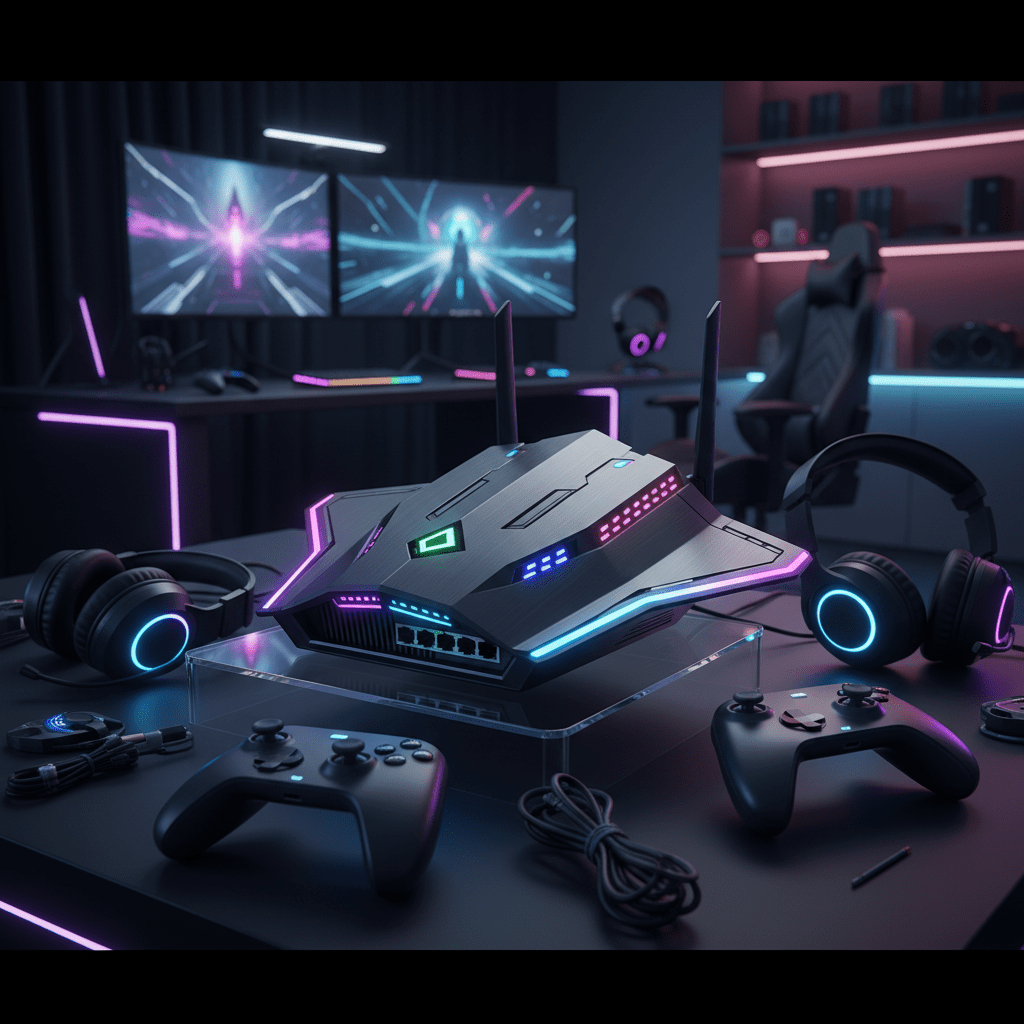Futuristic modem router with RGB LEDs in a modern gaming room setup.