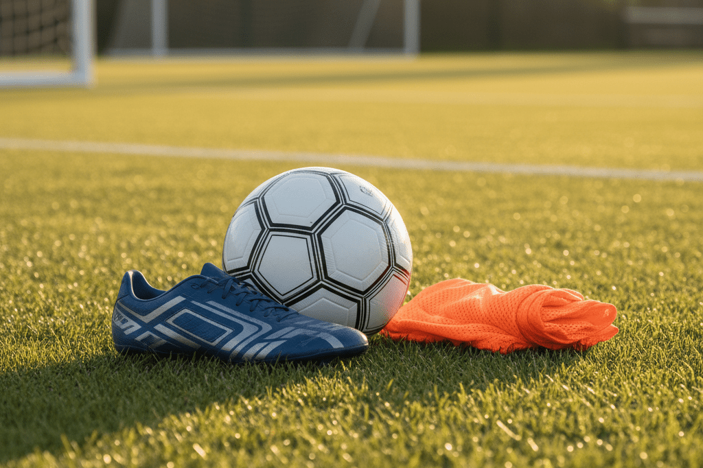 Medium shot of youth soccer cleats, training ball, and technical vest on grass under natural light, no people or logos visible