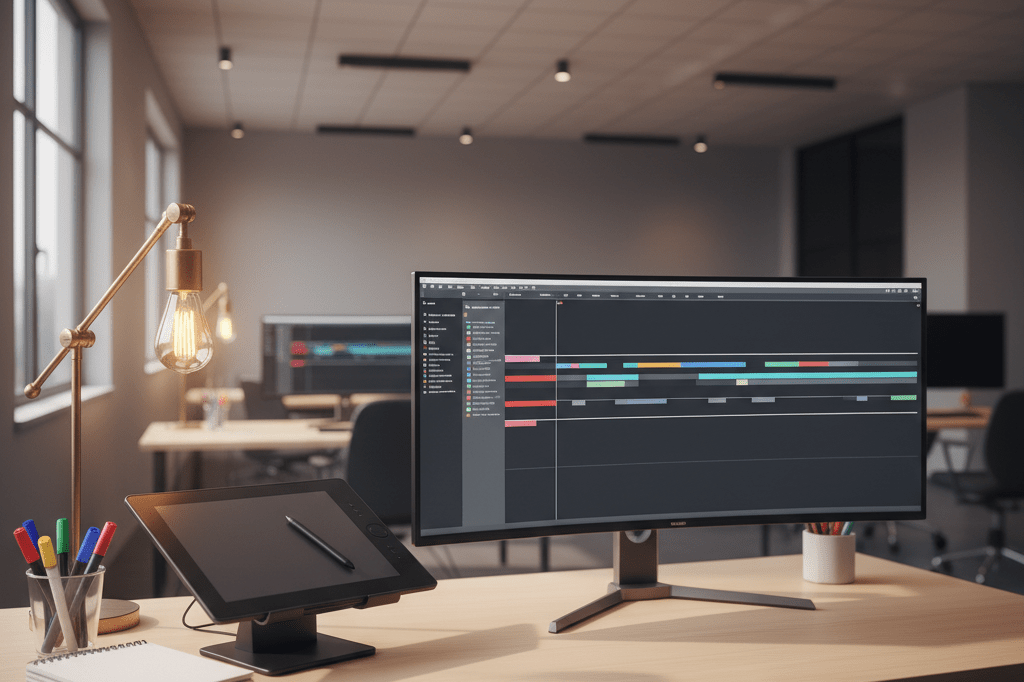 Warmly lit animation studio desk with tools and timeline display, symbolizing phased rollout strategies in creative industries