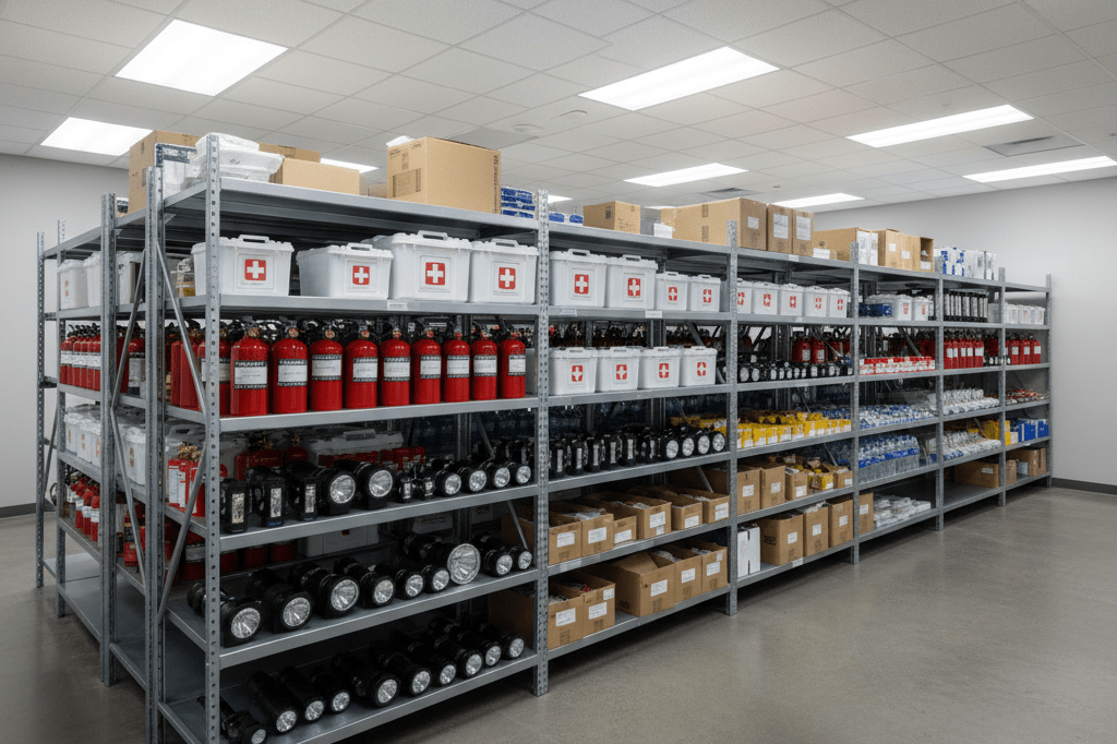 Shelves stocked with generic safety equipment under natural indoor lighting, showcasing readiness for regulatory audits