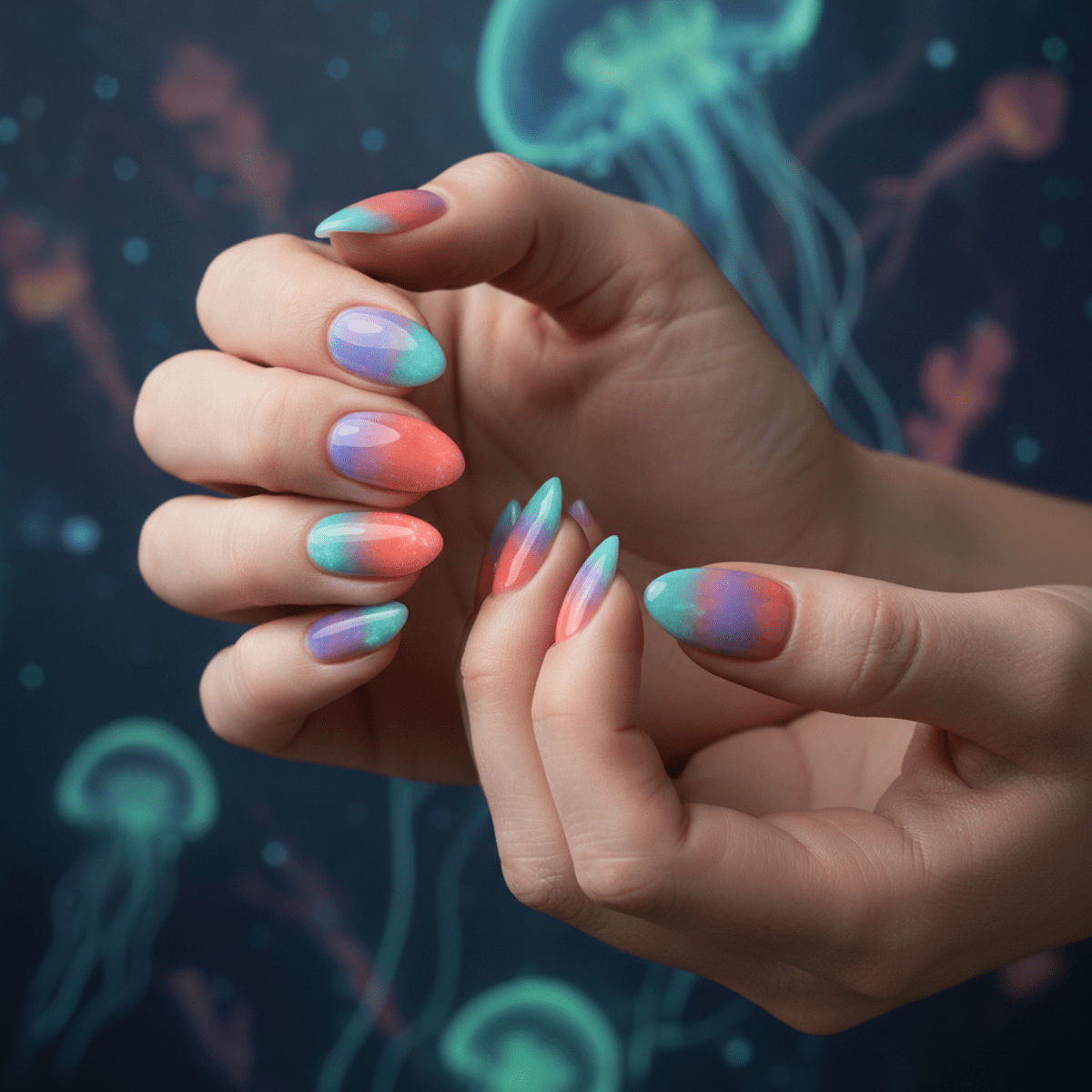 Close-up of translucent jelly nails with glowing bioluminescent pigments in aqua, coral, and lavender.