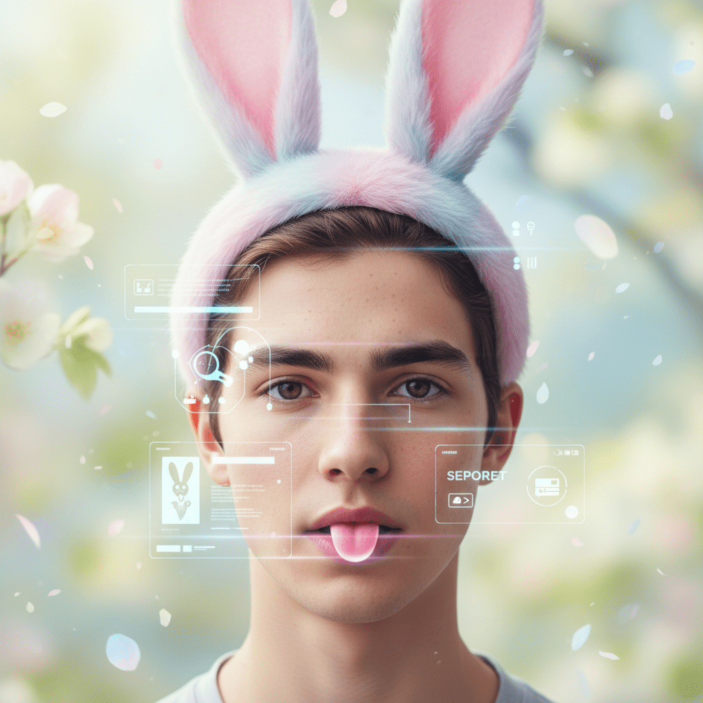 Person wearing pink and white fur augmented reality bunny ears with holographic interface.
