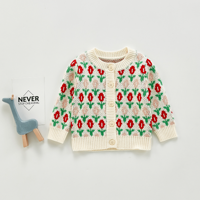 PHB 13325 цветочный узор длинный рукав мультяшный вязаный кардиган детский зимний свитер