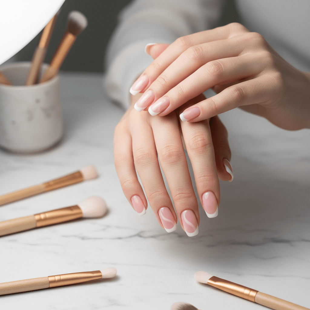 Intertwined hands with French manicure on a marble surface, soft lighting.