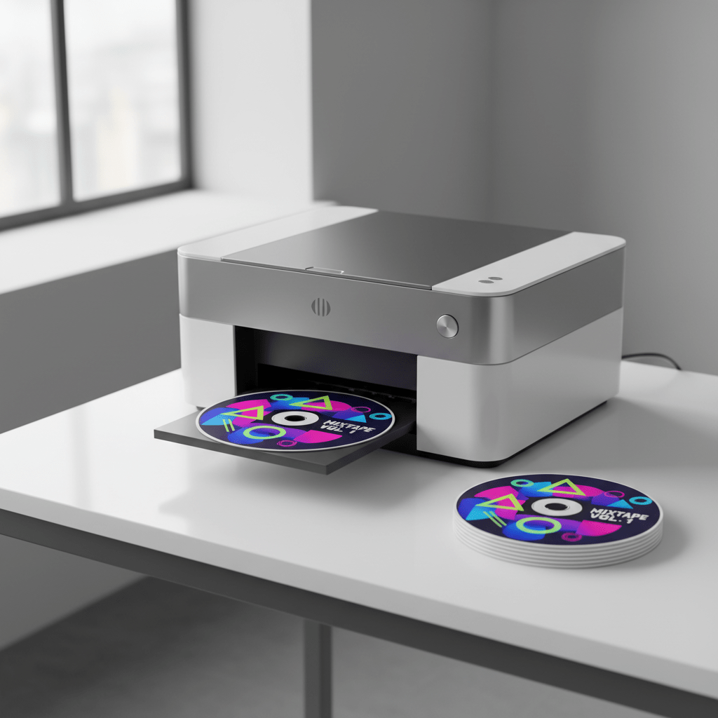 Modern CD printer creating vibrant custom mixtape discs with neon gradients.