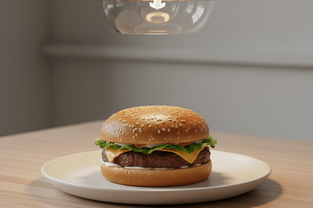 Close-up of an untouched gourmet burger on a white plate, lit by warm ambient light, symbolizing product authenticity