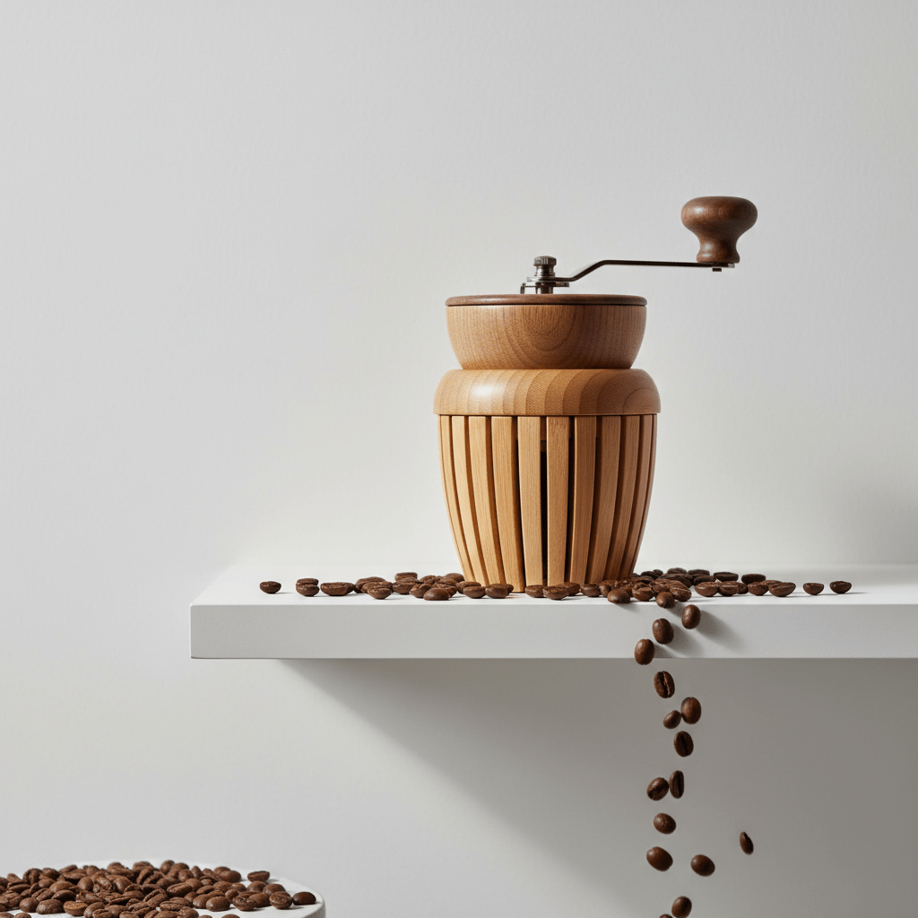 Artisanal coffee grinder with bamboo, oak, and walnut on a minimalist shelf.