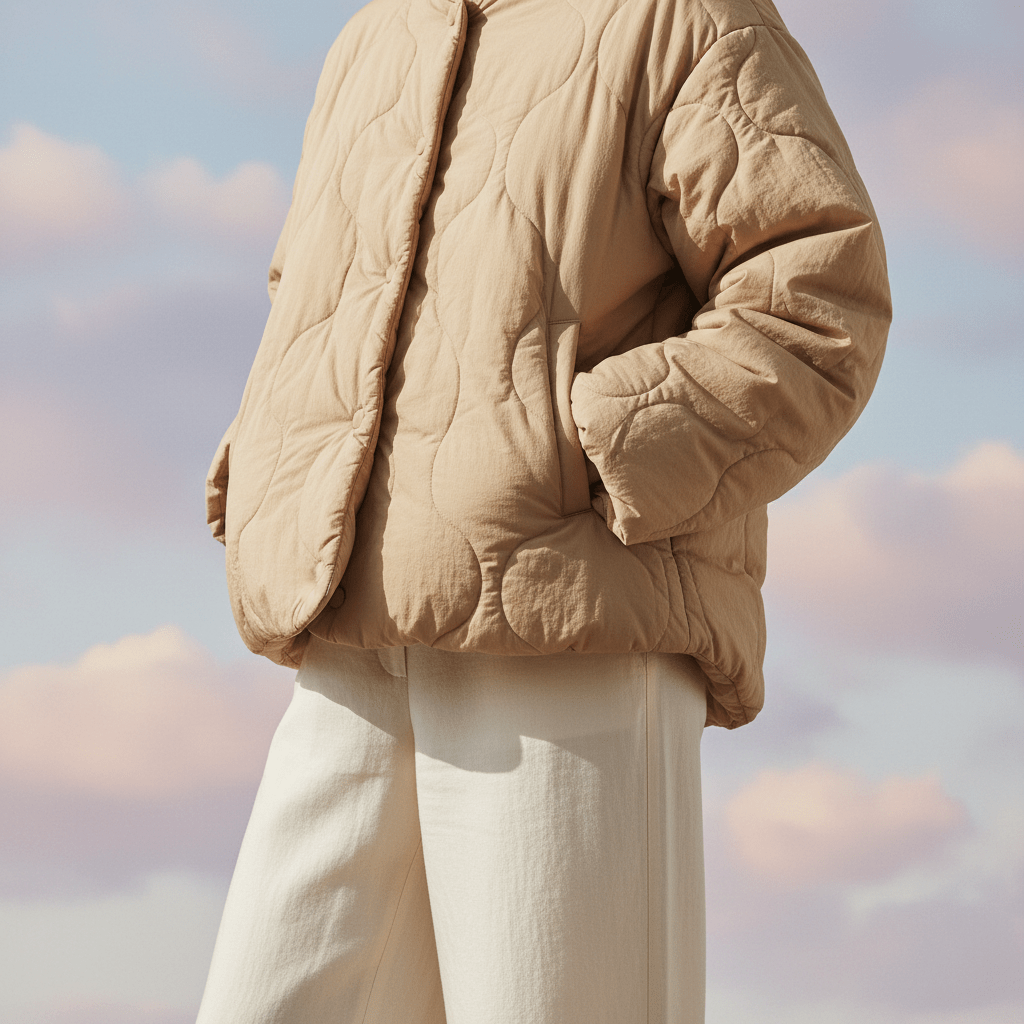 Close-up of lightweight beige quilted outerwear with a cloud-like texture.