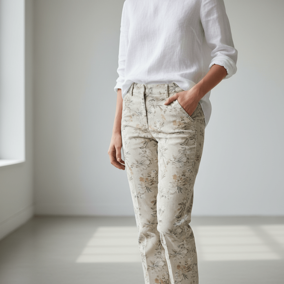 Model in studio wears corduroy pants with floral print, highlighting fine-wale texture.