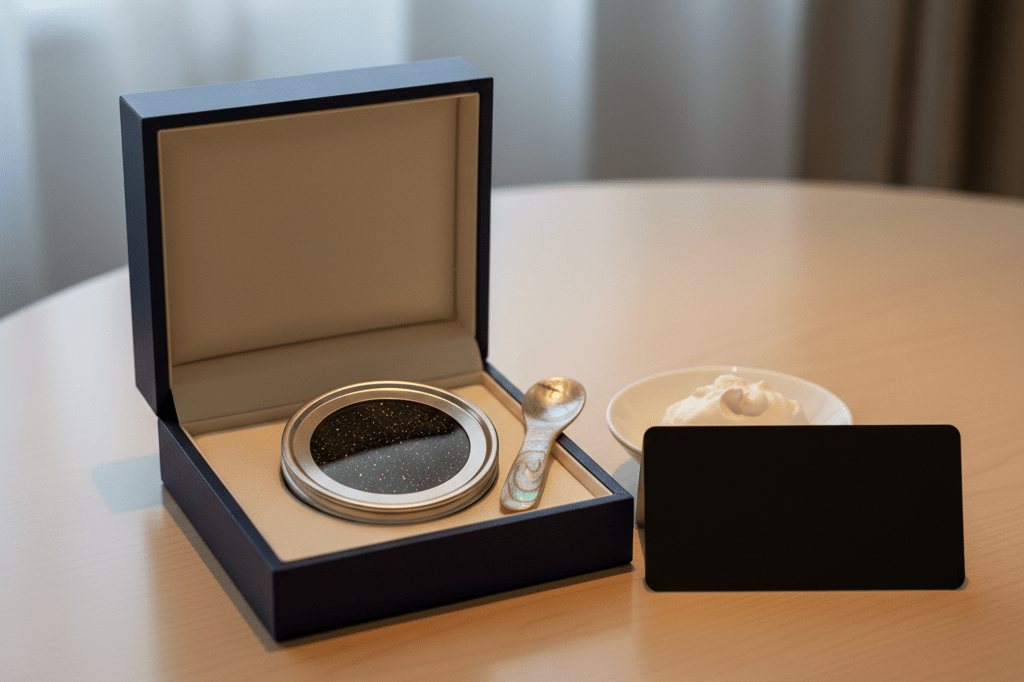 Photorealistic close-up of sturgeon caviar tin, mother of pearl spoon, crème fraîche, and Arch Card on minimalist table, no branding visible