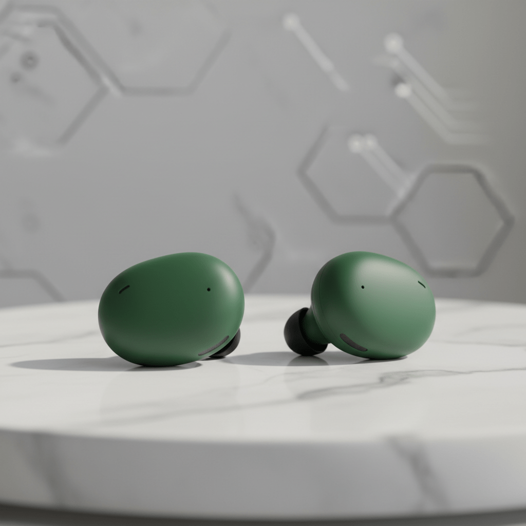Sleek forest green wireless earbuds with matte finish on white marble.