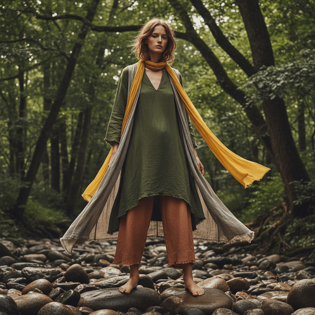 Sustainable fashion editorial with earthy colors and natural textures. Model in undyed organic fibers, earthy tones, and solar flare yellow scarf.