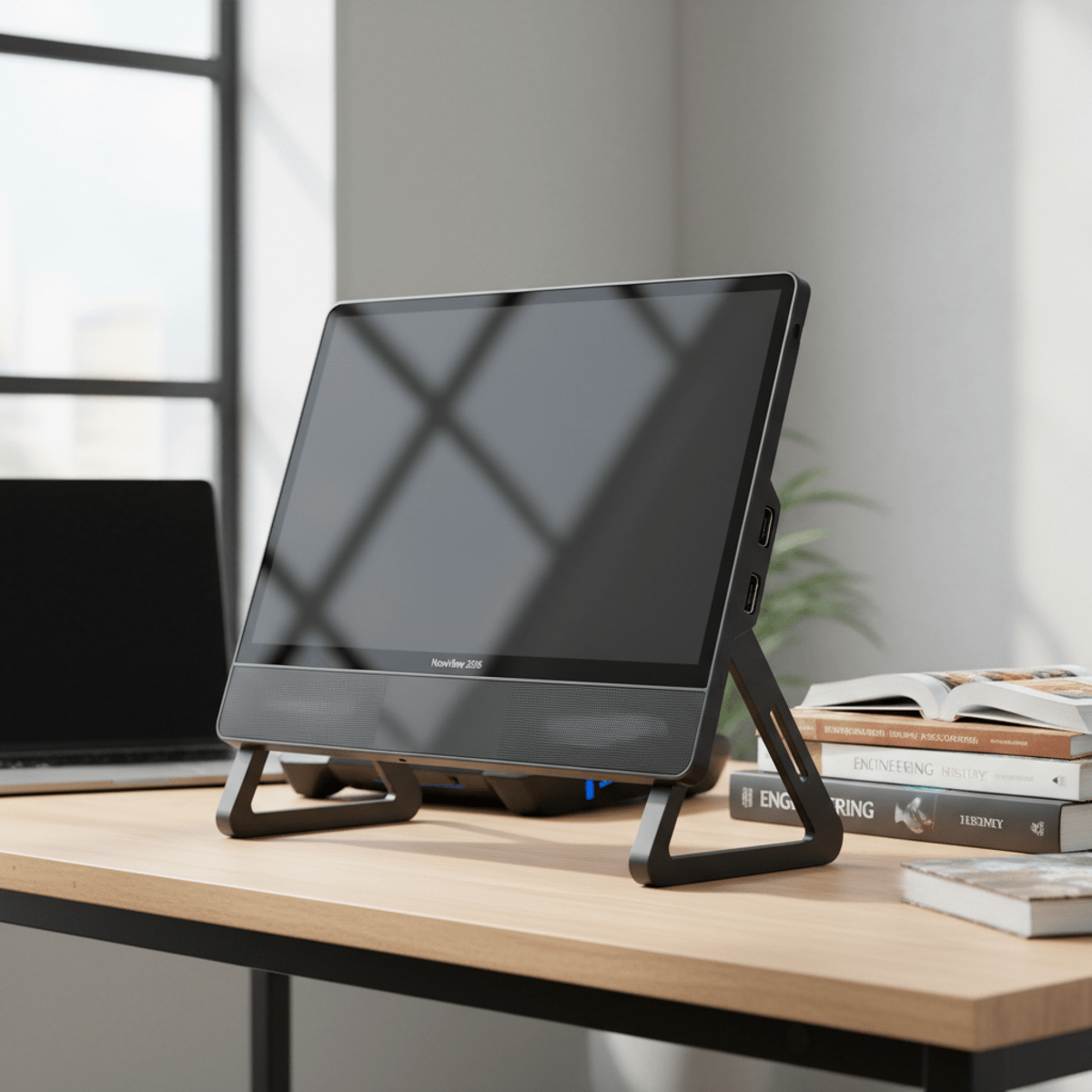 Futuristic portable DVD player with large screen on a modern dorm desk.