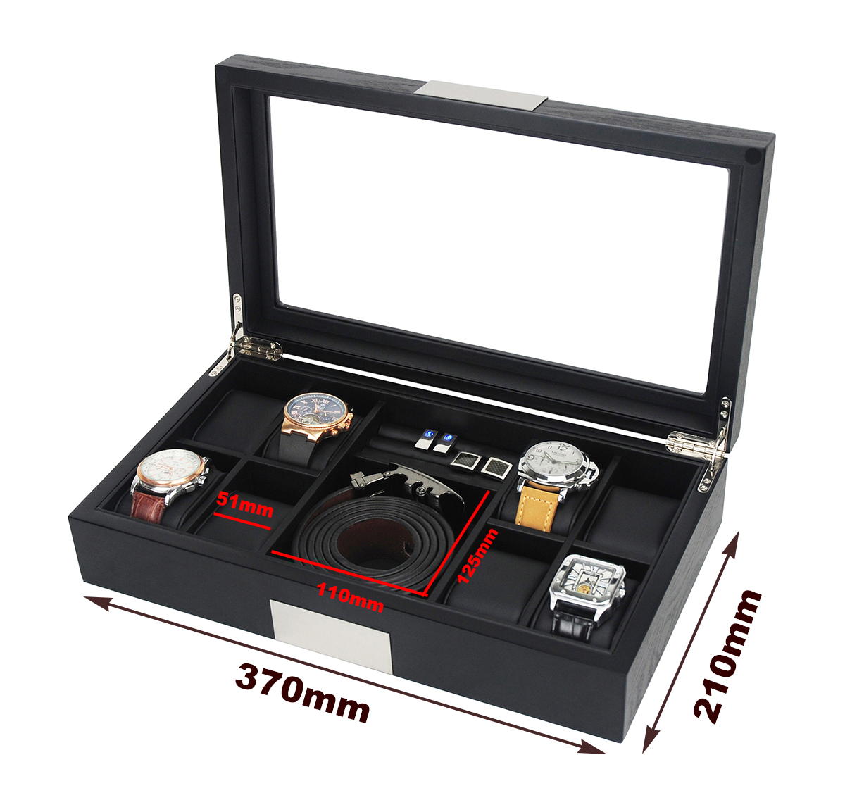 Wood Jewelry Belt Wallet Organizer Collect Cufflink Display Holder 8 Slots Watch Box Sonny Classical Black with Glass Lip 300pcs