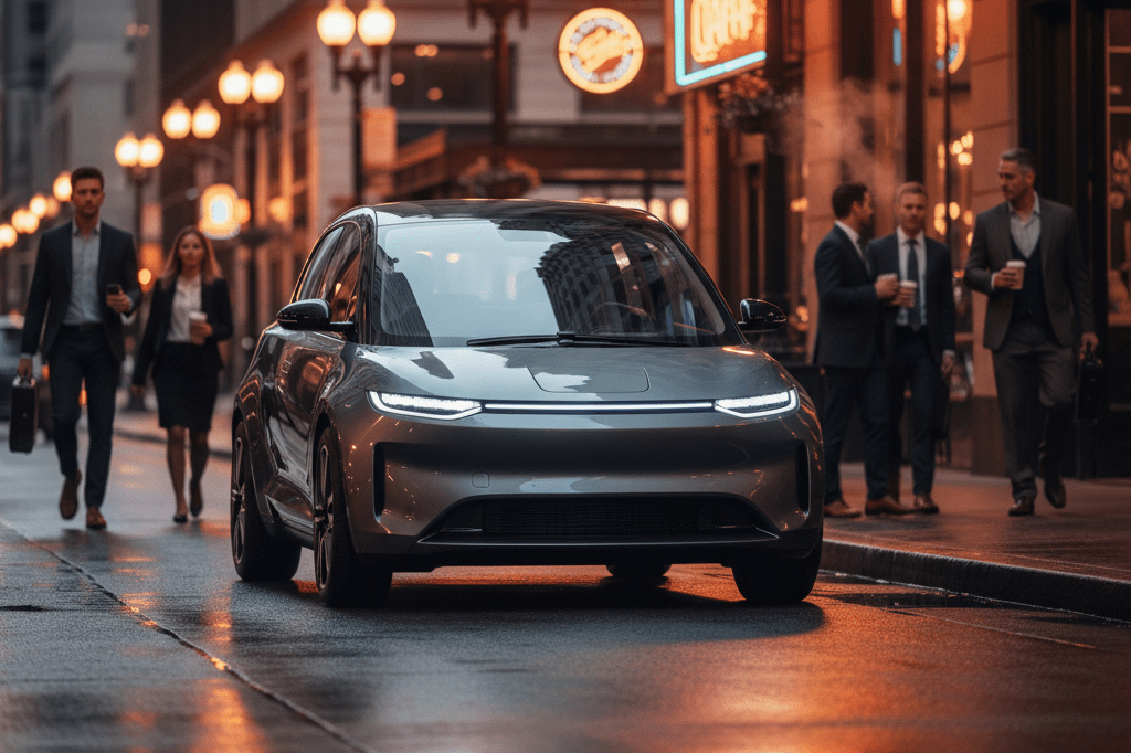 Sleek compact electric vehicle parked on vibrant city street under ambient evening light, symbolizing efficient urban mobility solutions