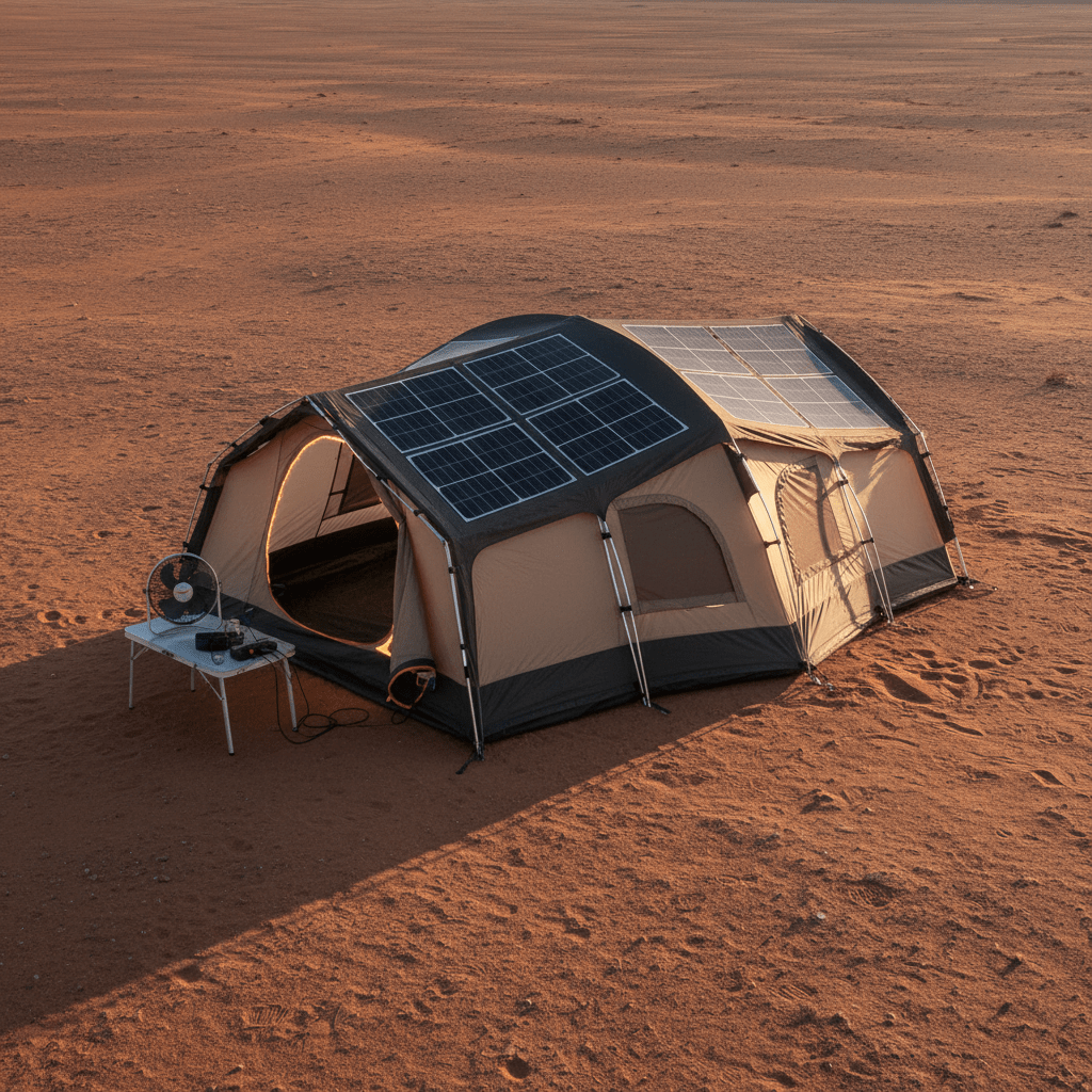 Heavy-duty solar tent on desert plateau at golden hour, flexible solar cells visible.