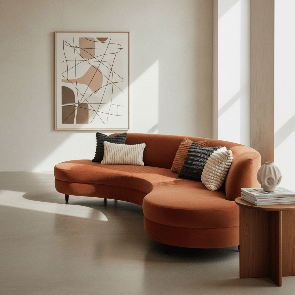 Graceful crescent sofa in terracotta velvet with knit pillows in a modern lounge.