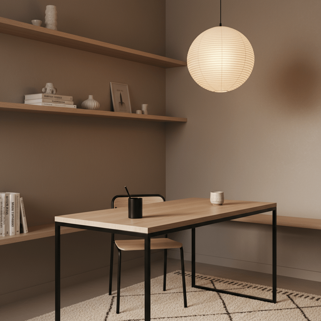 Minimalist Japandi study corner with oak shelving and a black steel desk.