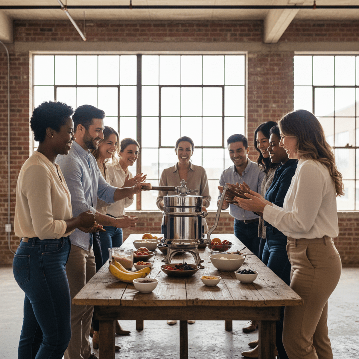Diverse corporate team making ice cream together in a bright industrial loft.