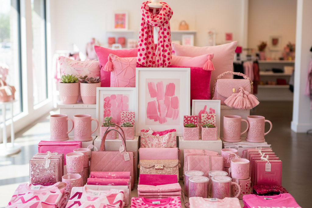 Vibrant pink merchandise display driving retail sales success Pink themed retail display with apparel and decor under warm lights symbolizing movie event sales boost