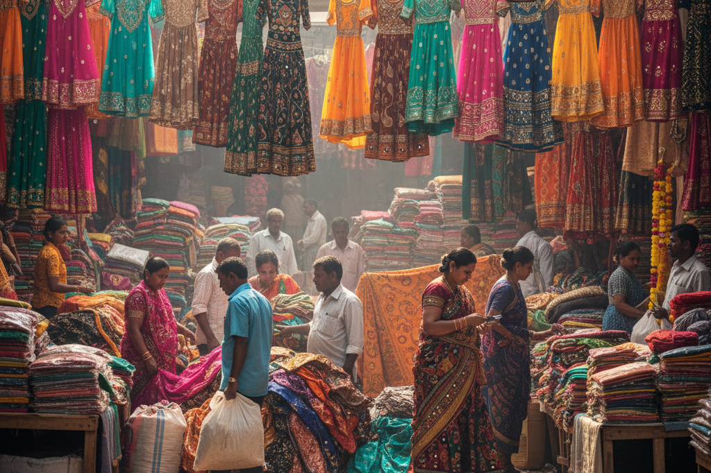 Vibrant Indian textile market filled with colorful fabrics under natural light, symbolizing pre-festival retail readiness