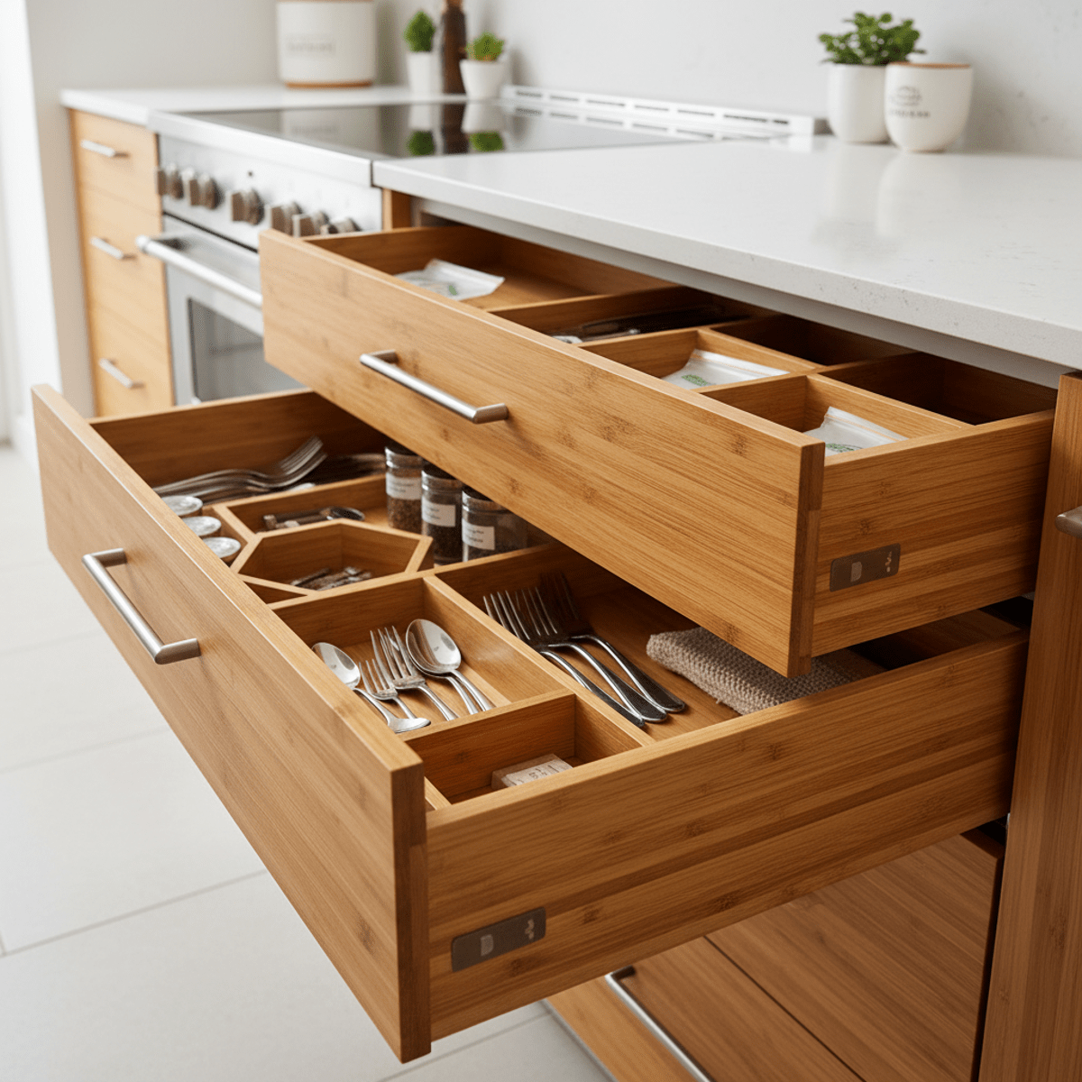 Eco-friendly bamboo kitchen drawers with modular inserts for precise organization.