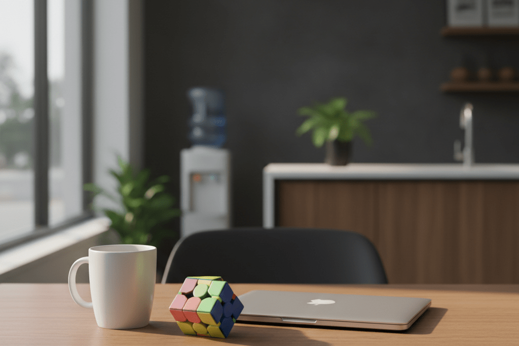 Empty retail breakroom table with coffee and fidget toy under natural light symbolizing Gen Z burnout