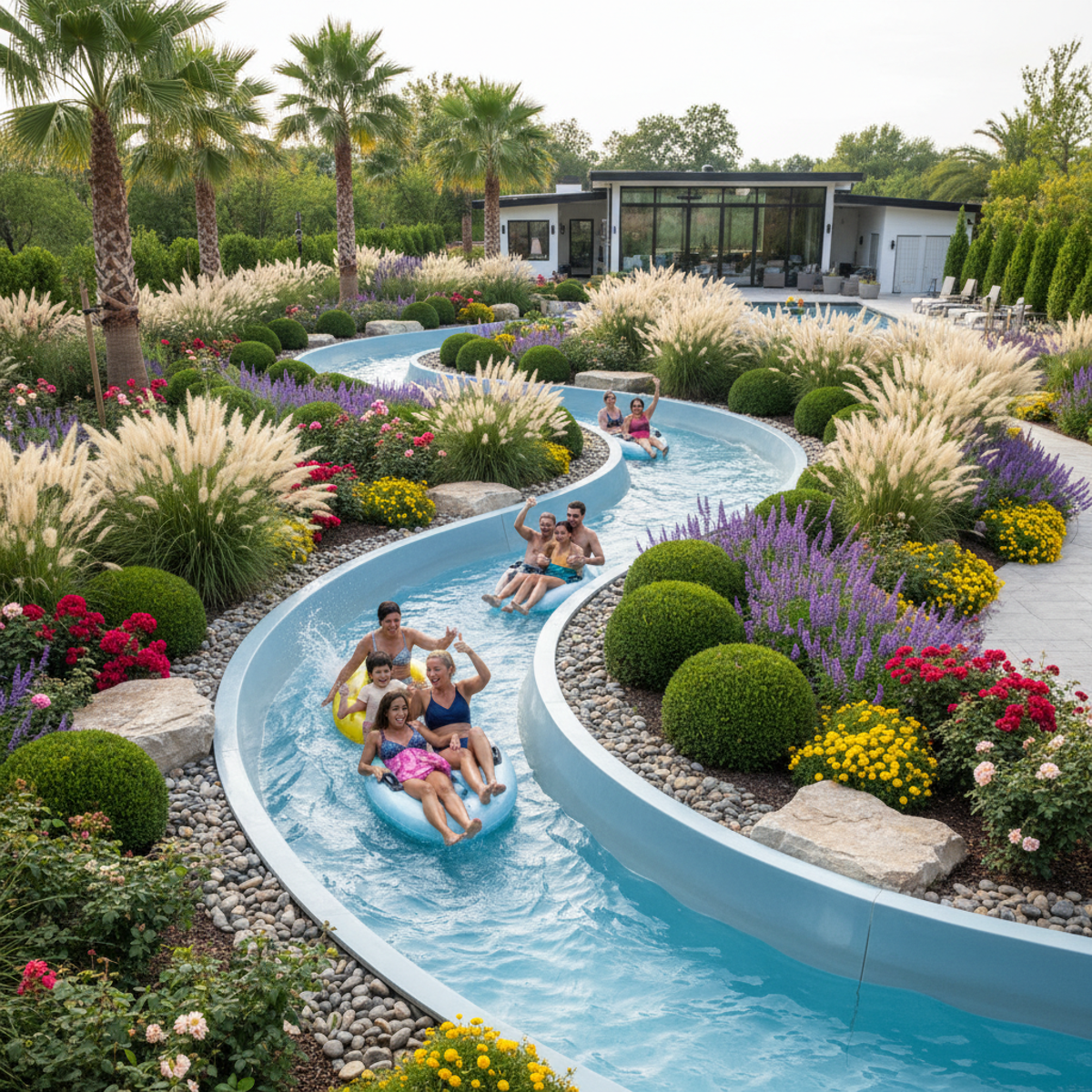 Inground pool slide mimics a river through a lush backyard with garden beds.