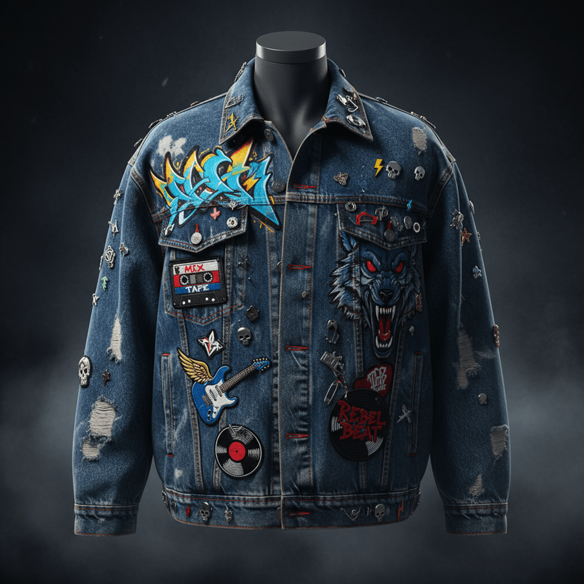 Oversized 80s urban denim jacket with acid wash, street art, and music patches.