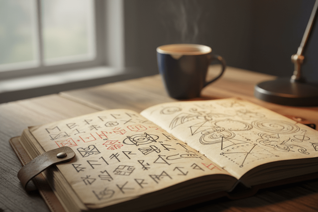 An open notebook featuring cryptic symbols and sketches under soft natural light, suggesting thought-provoking storytelling