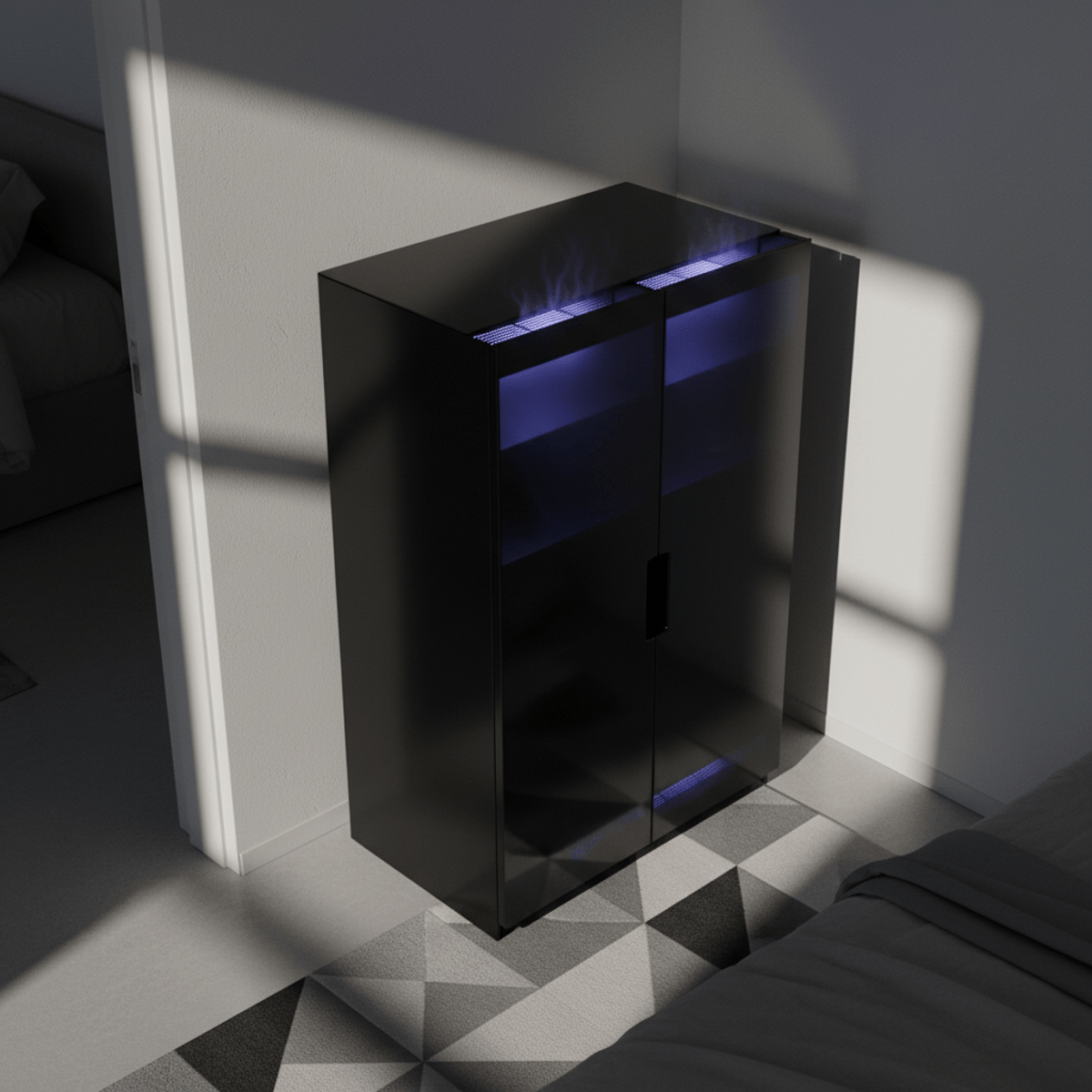 Matte black smart show organizer cabinet with sleek minimalist design in a modern bedroom.