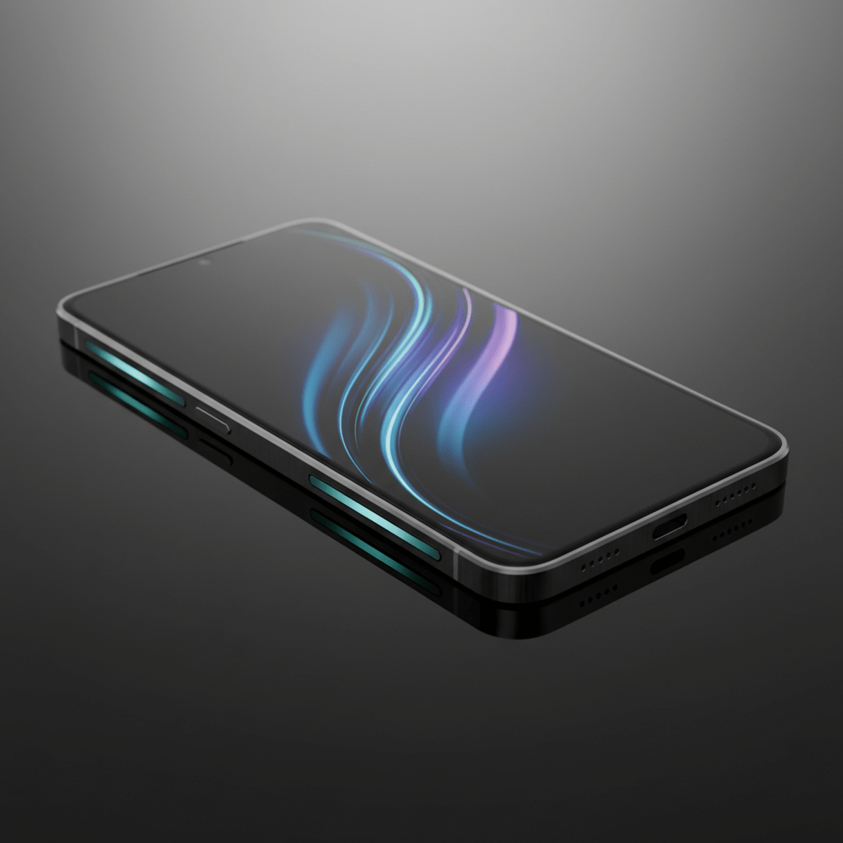Ultra-modern phone with seamless edge-to-edge design on a reflective black glass surface.