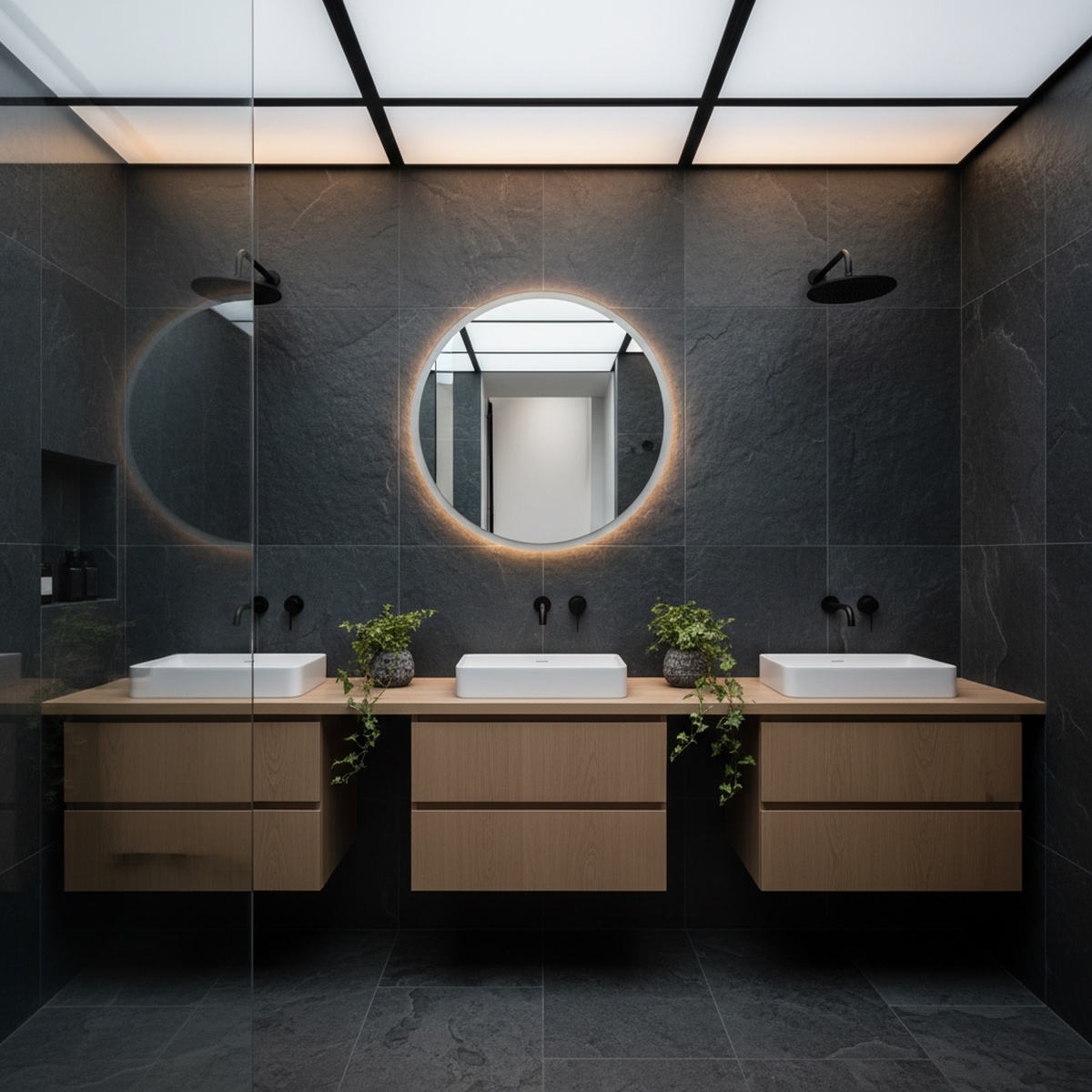 Japandi Noir bathroom with carbon slate walls, oak vanity, and matte black fixtures.