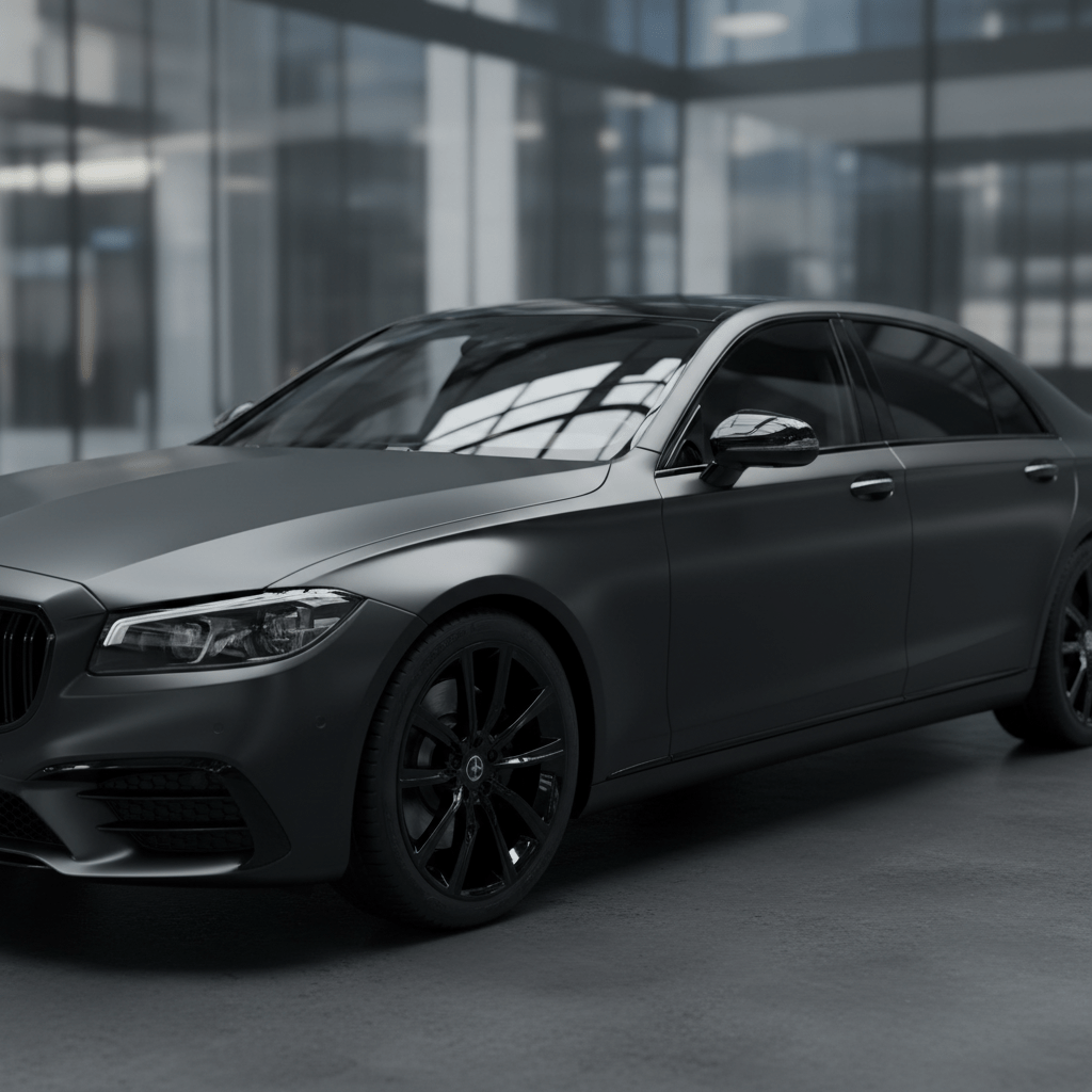 Satin black luxury sedan with gloss black accents in a modern urban setting.