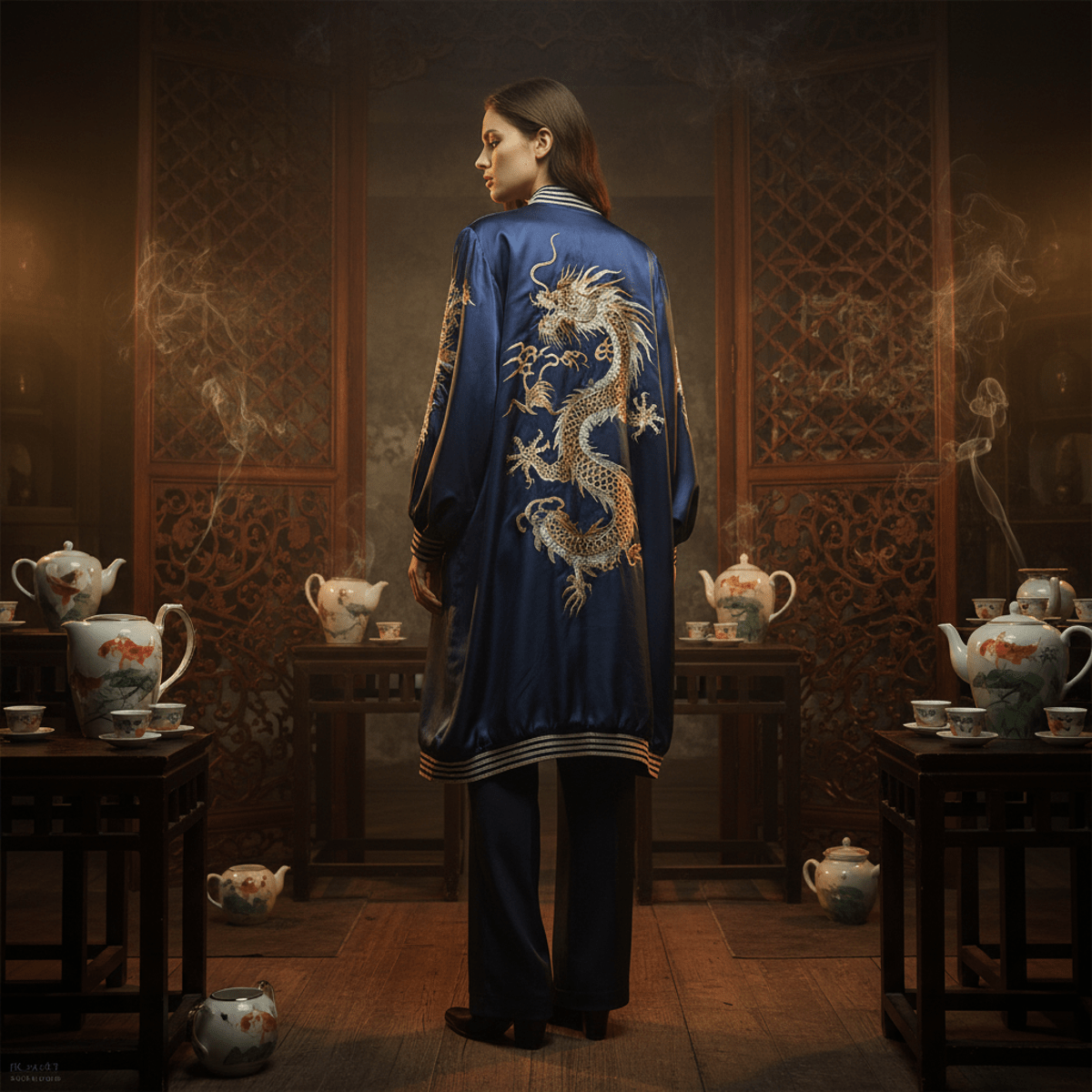 Model in midnight blue silk bomber jacket with dragon embroidery in vintage tea house.