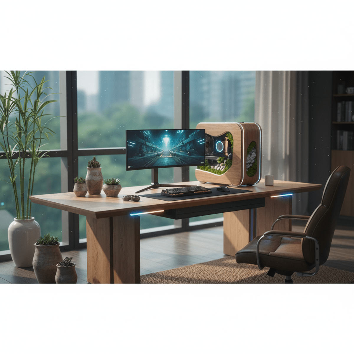 Luxurious 2026 PC gaming desktop with biophilic design and oak veneer.