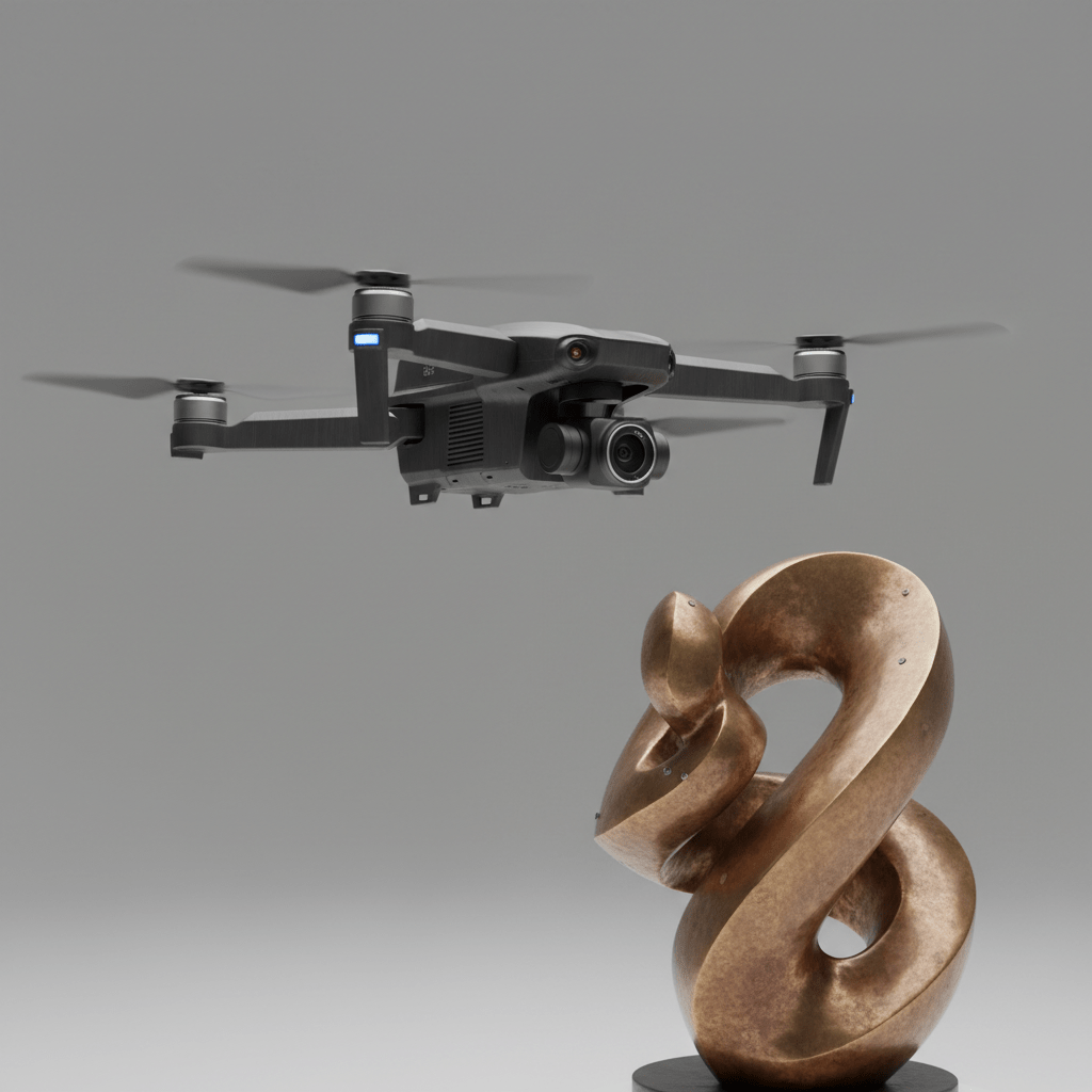 Mini drone capturing detailed angles of a polished bronze sculpture for photogrammetry.