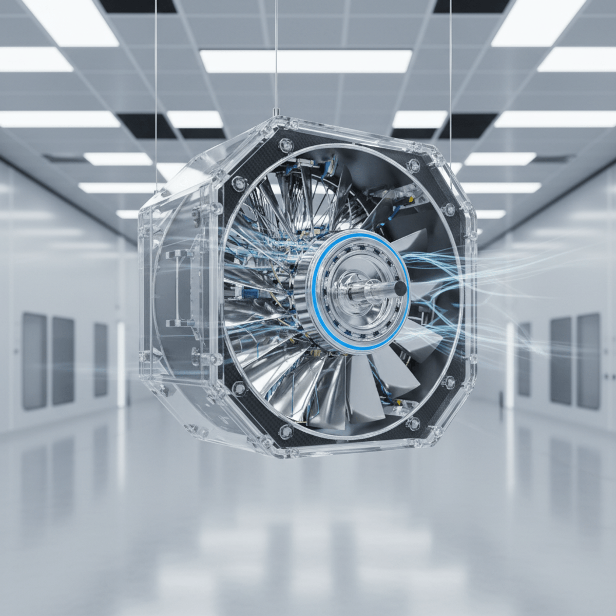 High-tech fan unit in a sterile semiconductor lab. Advanced semiconductor lab features a suspended centrifugal fan with vibration cancellation.