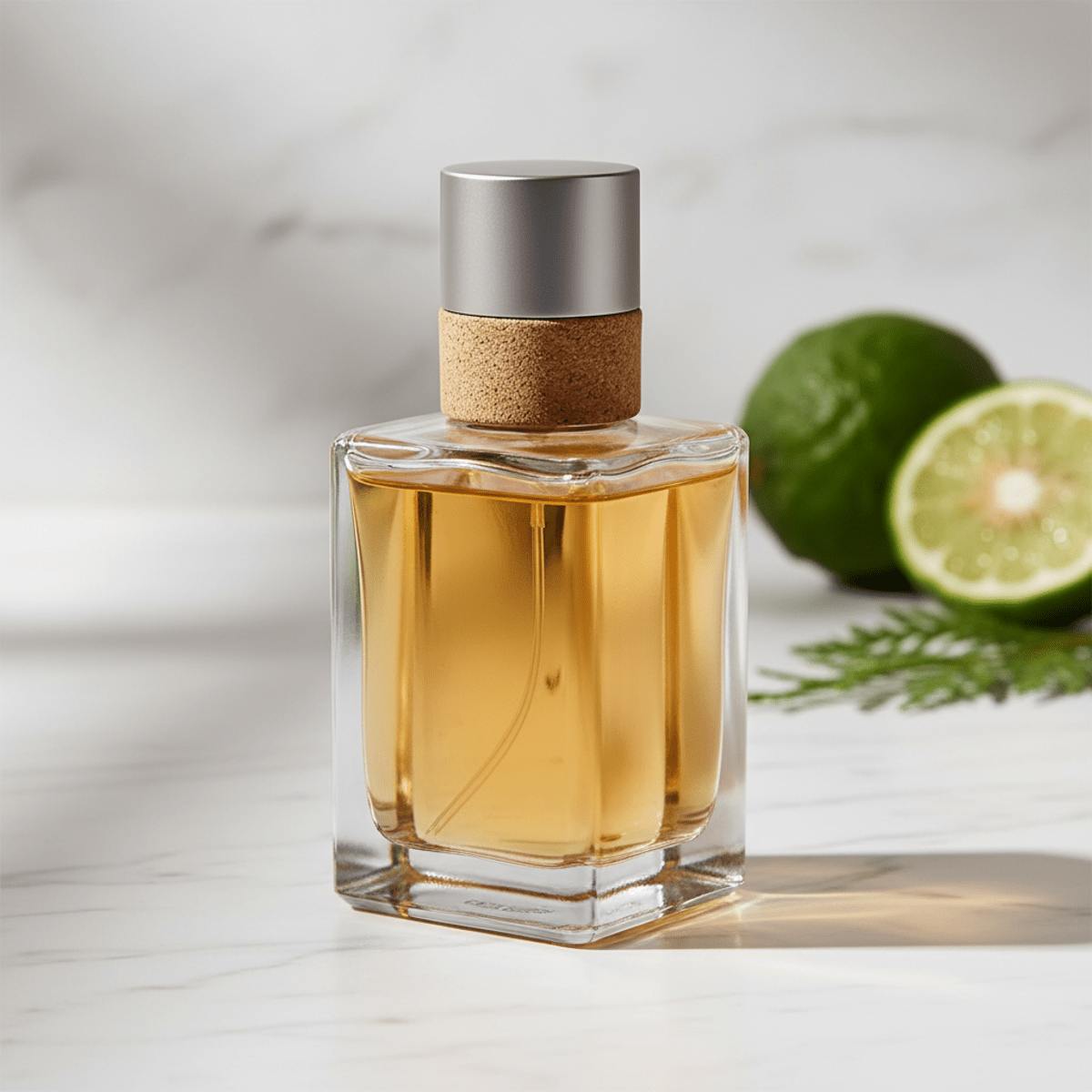 Elegant refillable cologne bottle made of recycled glass with a magnetic metal cap.