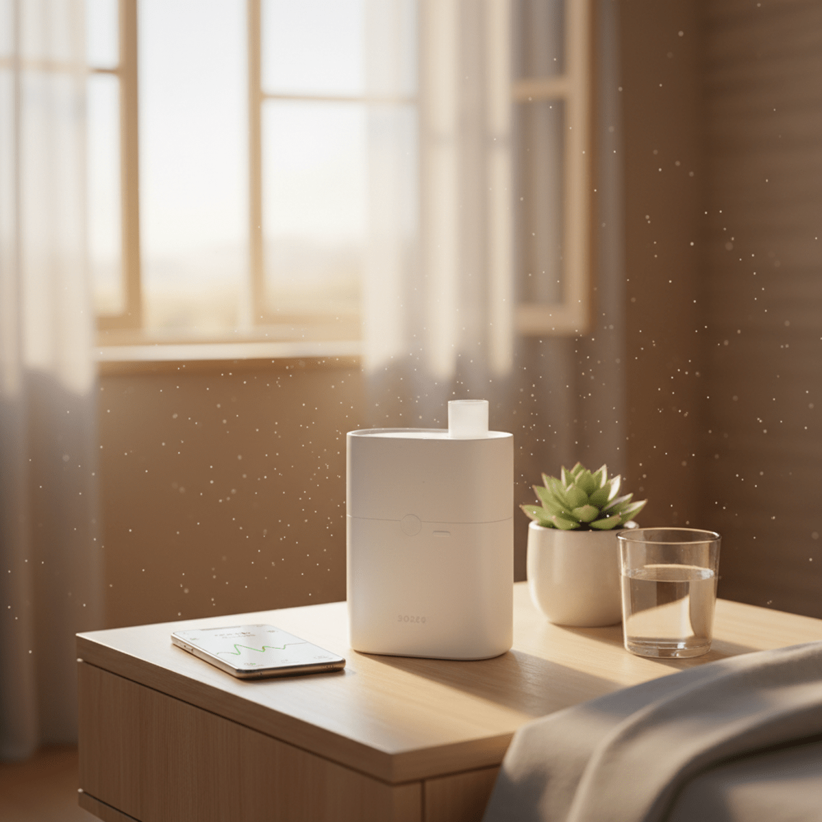 Portable nebulizer with health app on smartphone on bedside table.