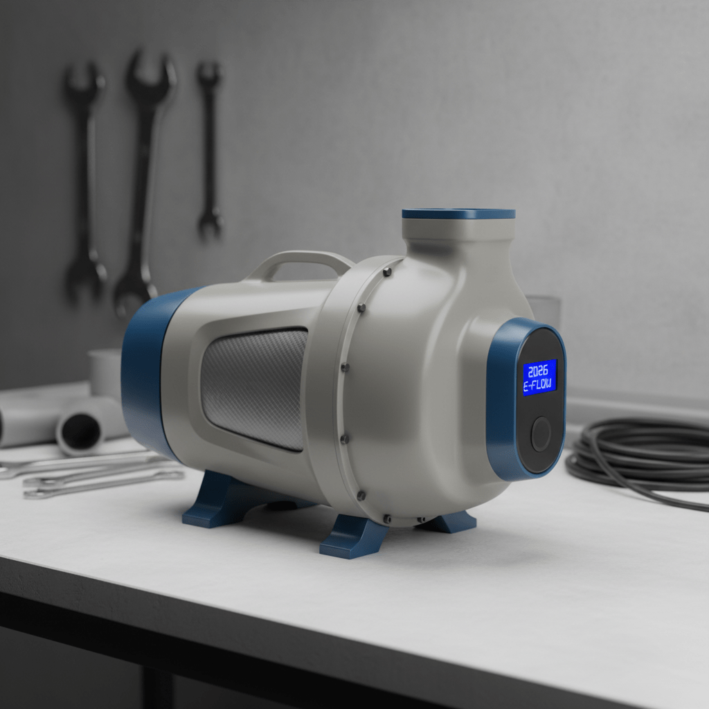 Advanced fiberglass water pump with sleek hydraulic housing on an industrial workbench.