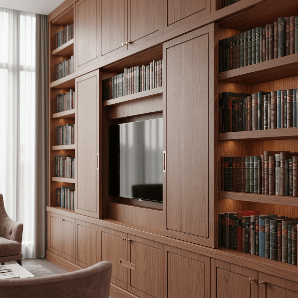 Luxurious library wall with handcrafted walnut cabinetry and concealed TV.