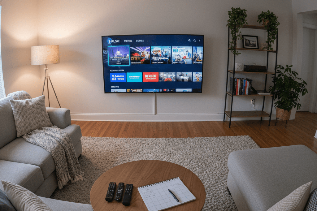 Wide shot of a living room with a smart TV and planning items under ambient lighting, symbolizing data-driven programming schedules