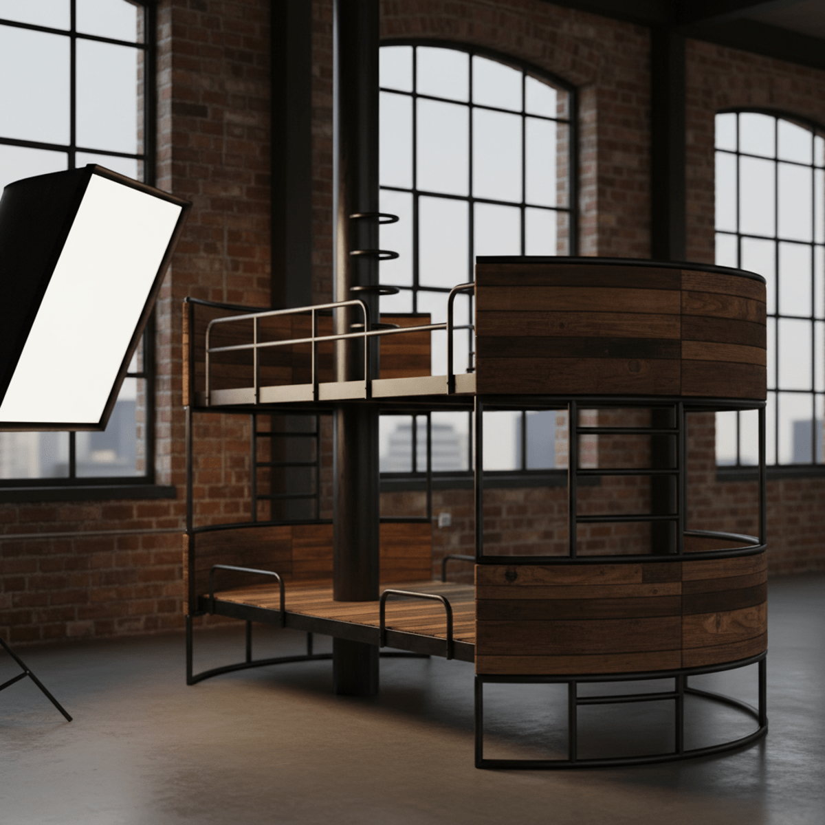 Industrial circular bunk bed with steel and wood in a loft apartment.